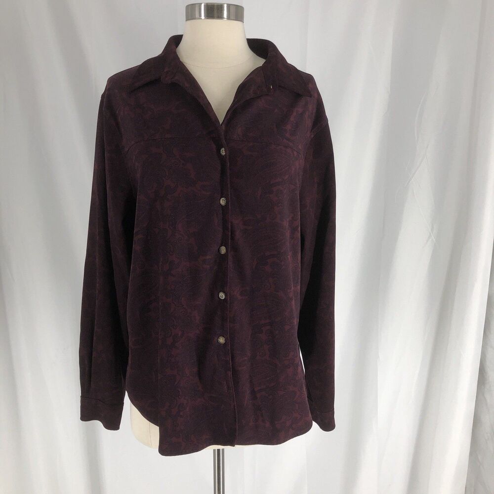 White Stag Shirt Women M Medium Burgundy Paisley Button Up Collared Long Sleeve